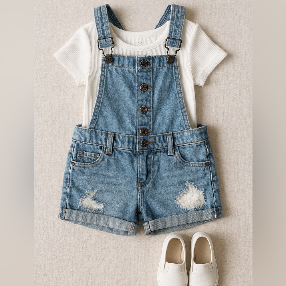 Cat & Jack Girls Denim Overall Shorts Distressed Jean Shortalls Size M 7/8 - Picture 2 of 9